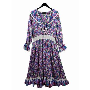 80s Diane Freis Floral Pleated‎ Dress Smocked Waist Ruffle Colorful Abstract